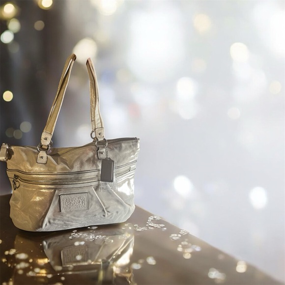 Coach Poppy Metallic Gold Champagne Large Leather Tote Bag - Picture 2 of 13